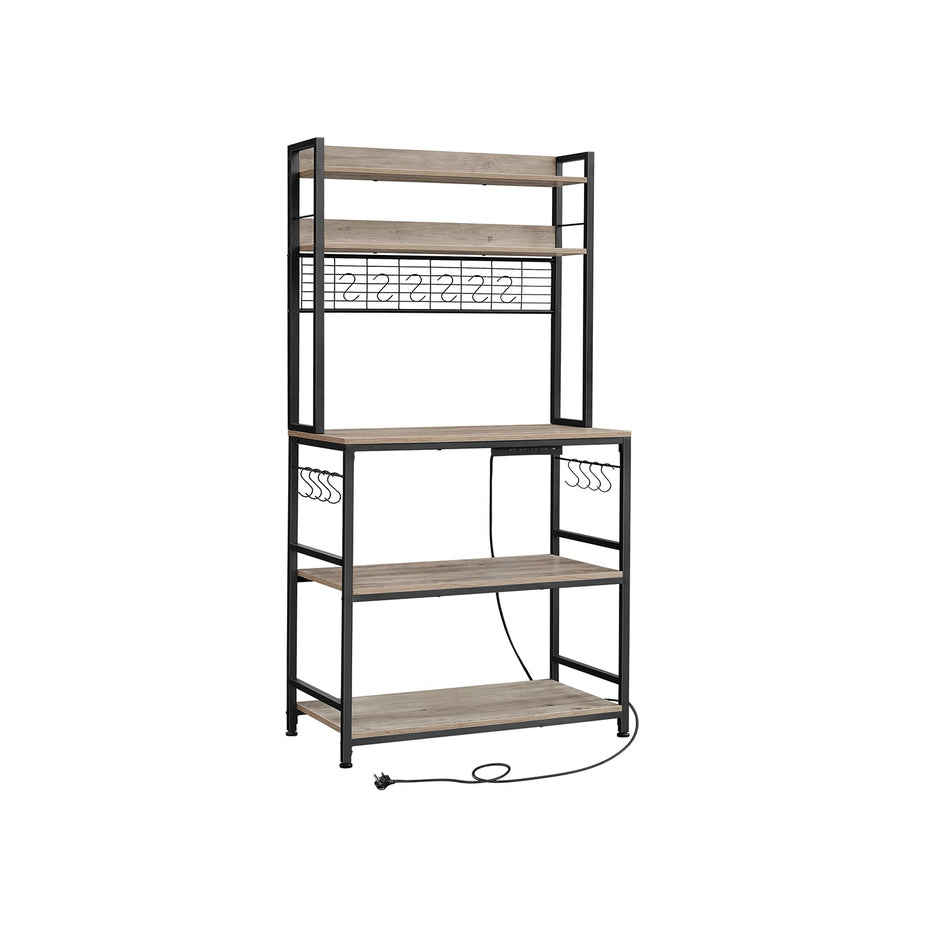 Kitchen Storage Rack – Steel – Greige and Ink Black – with Power Outlet and 14 Hooks