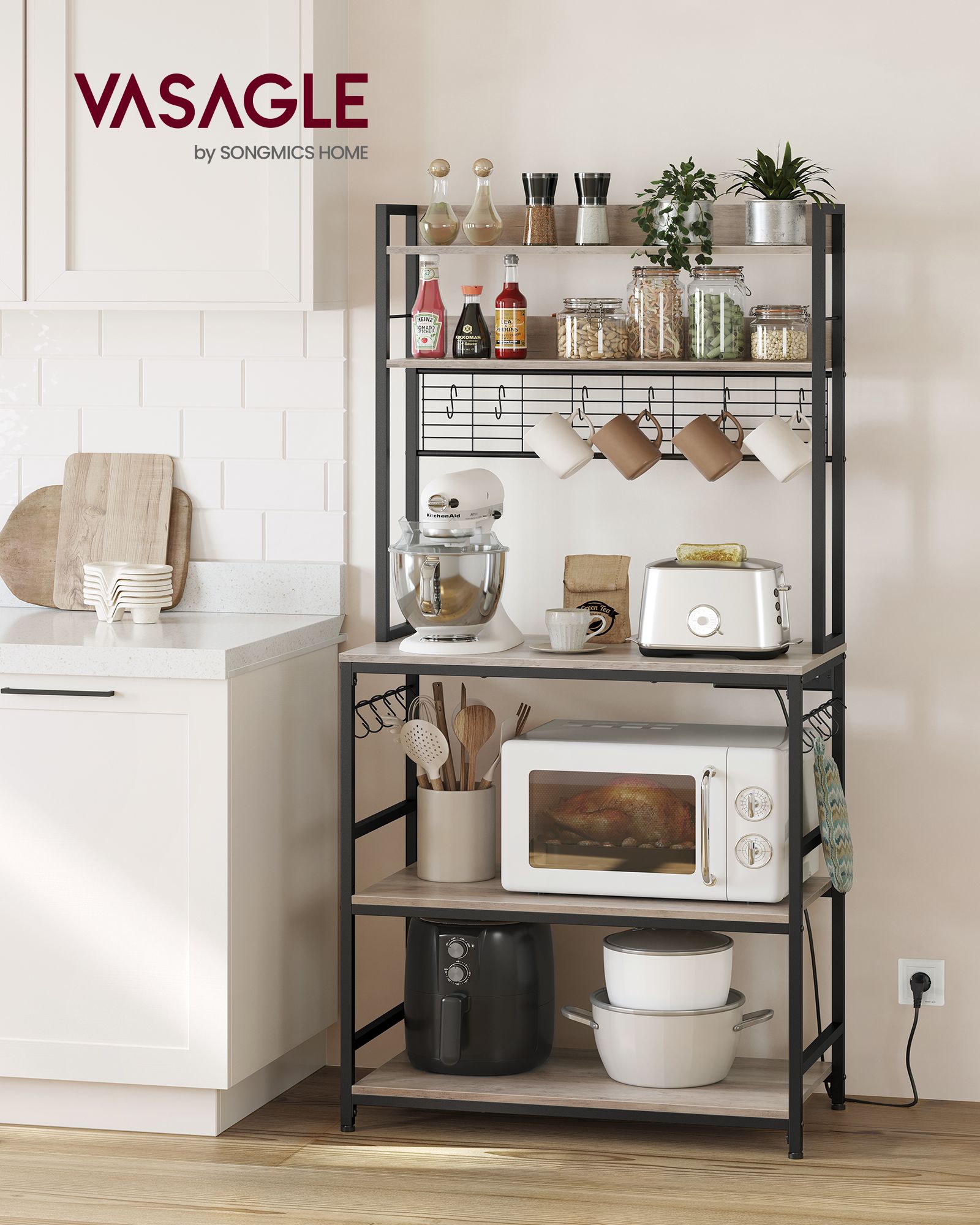 Kitchen Storage Rack – Steel – Greige and Ink Black – with Power Outlet and 14 Hooks
