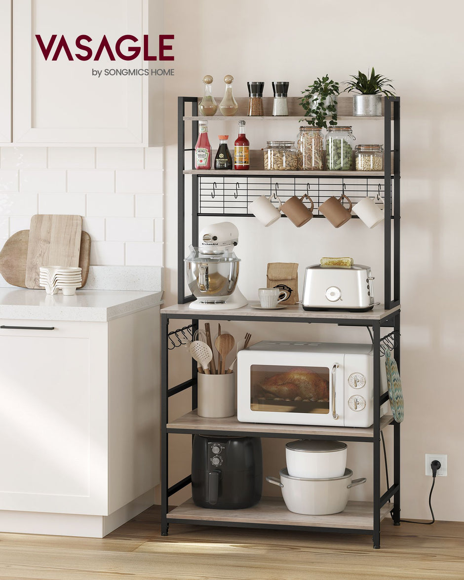 Kitchen Storage Rack – Steel – Greige and Ink Black – with Power Outlet and 14 Hooks