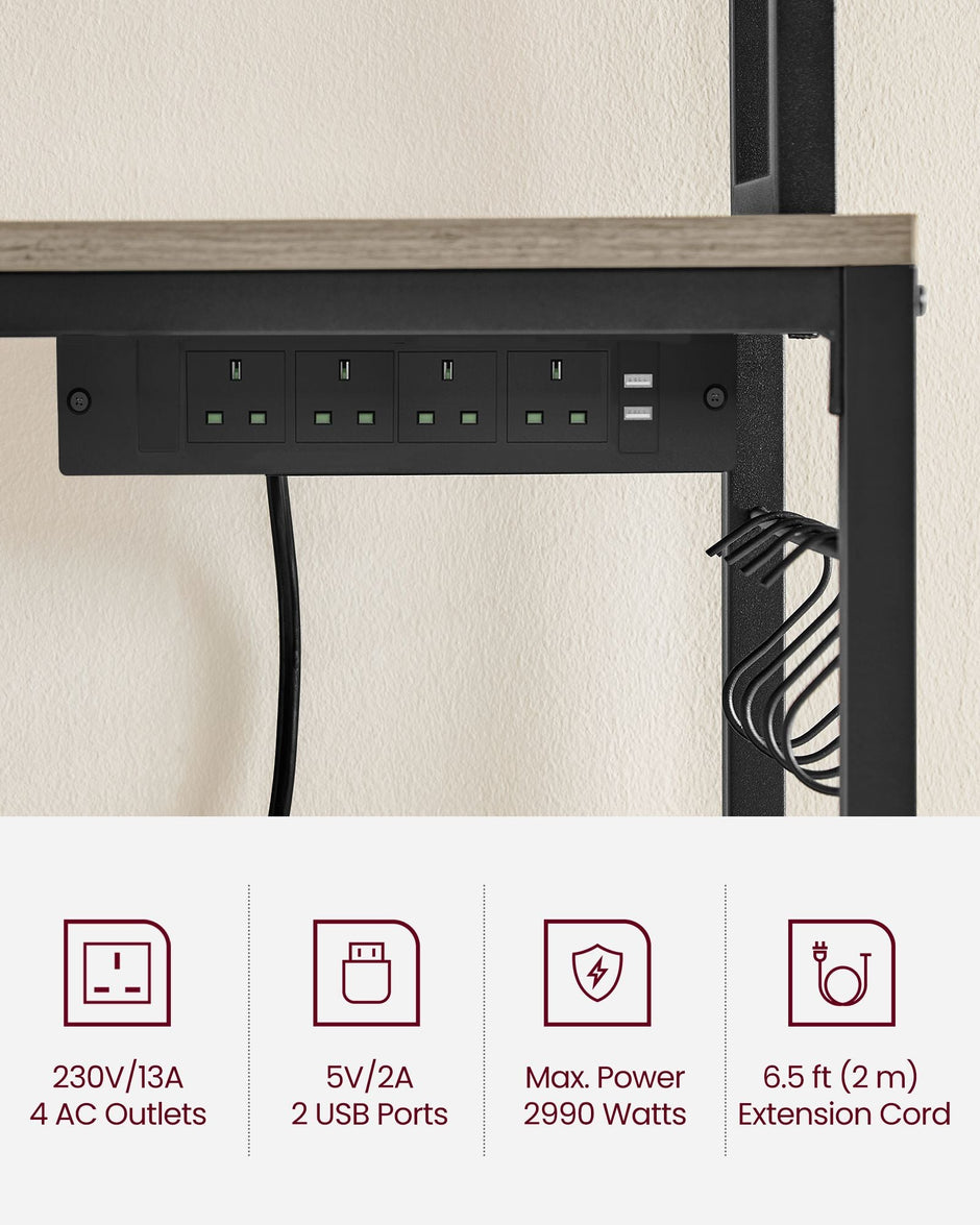 Kitchen Storage Rack – Steel – Greige and Ink Black – with Power Outlet and 14 Hooks