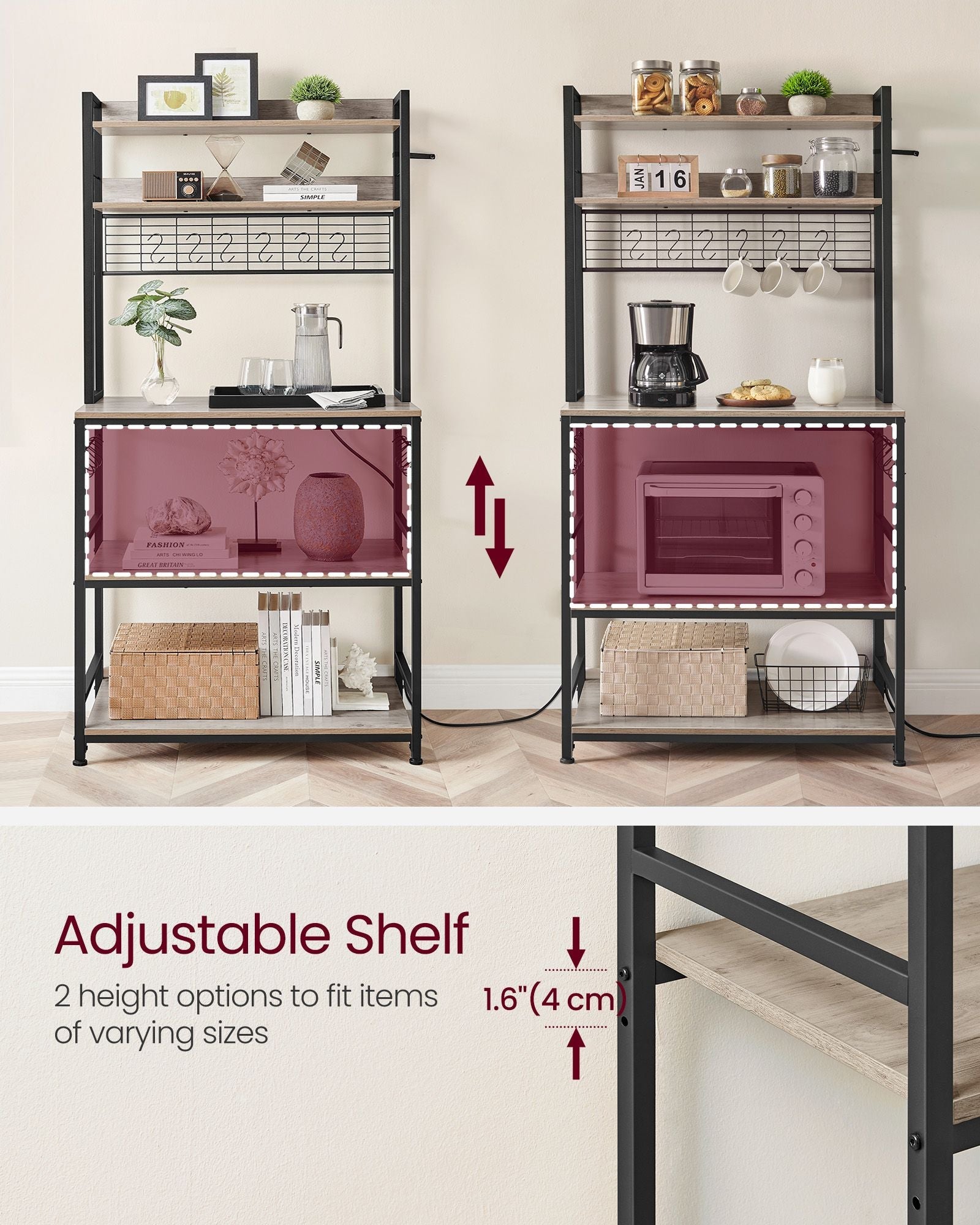 Kitchen Storage Rack – Steel – Greige and Ink Black – with Power Outlet and 14 Hooks