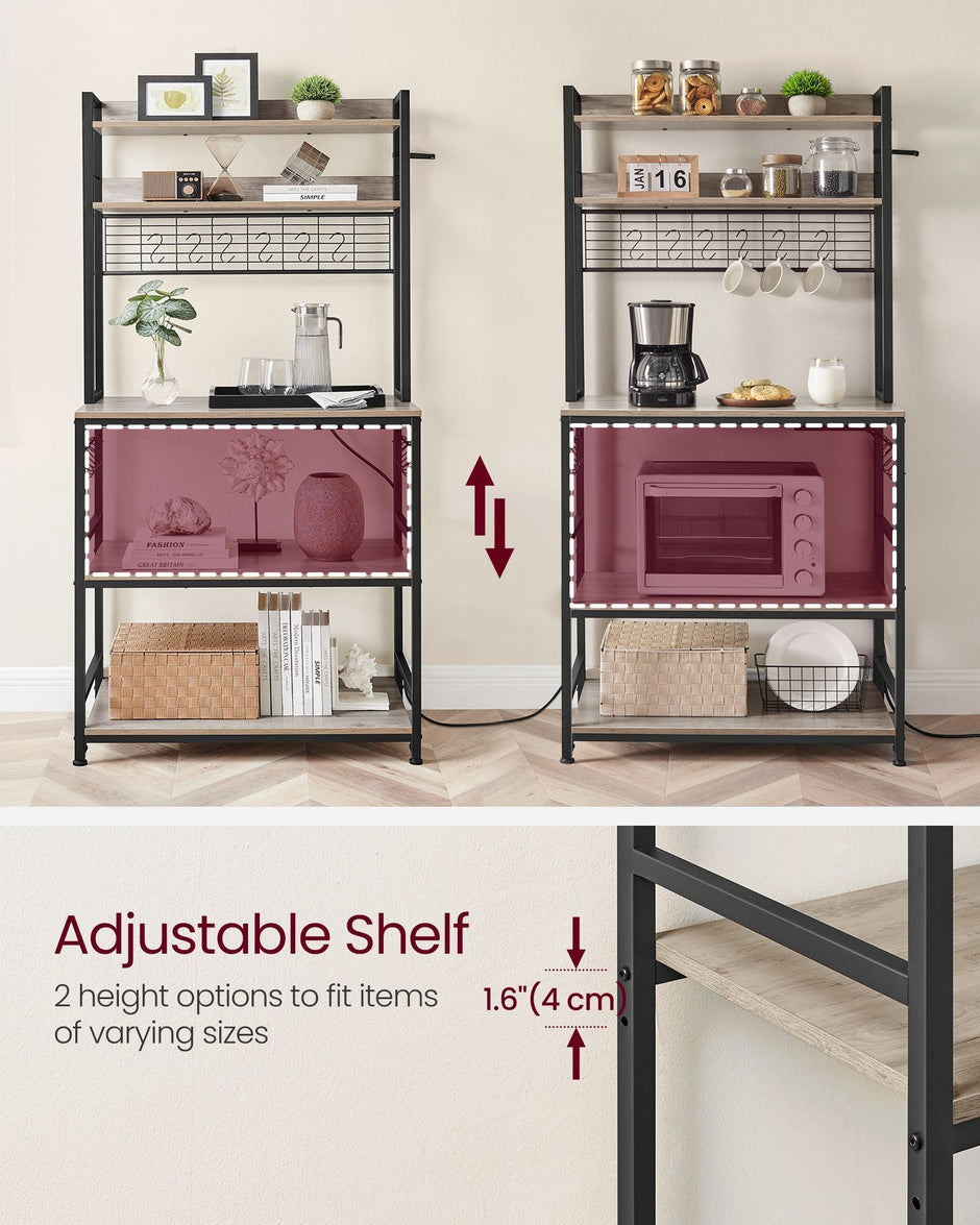 Kitchen Storage Rack – Steel – Greige and Ink Black – with Power Outlet and 14 Hooks