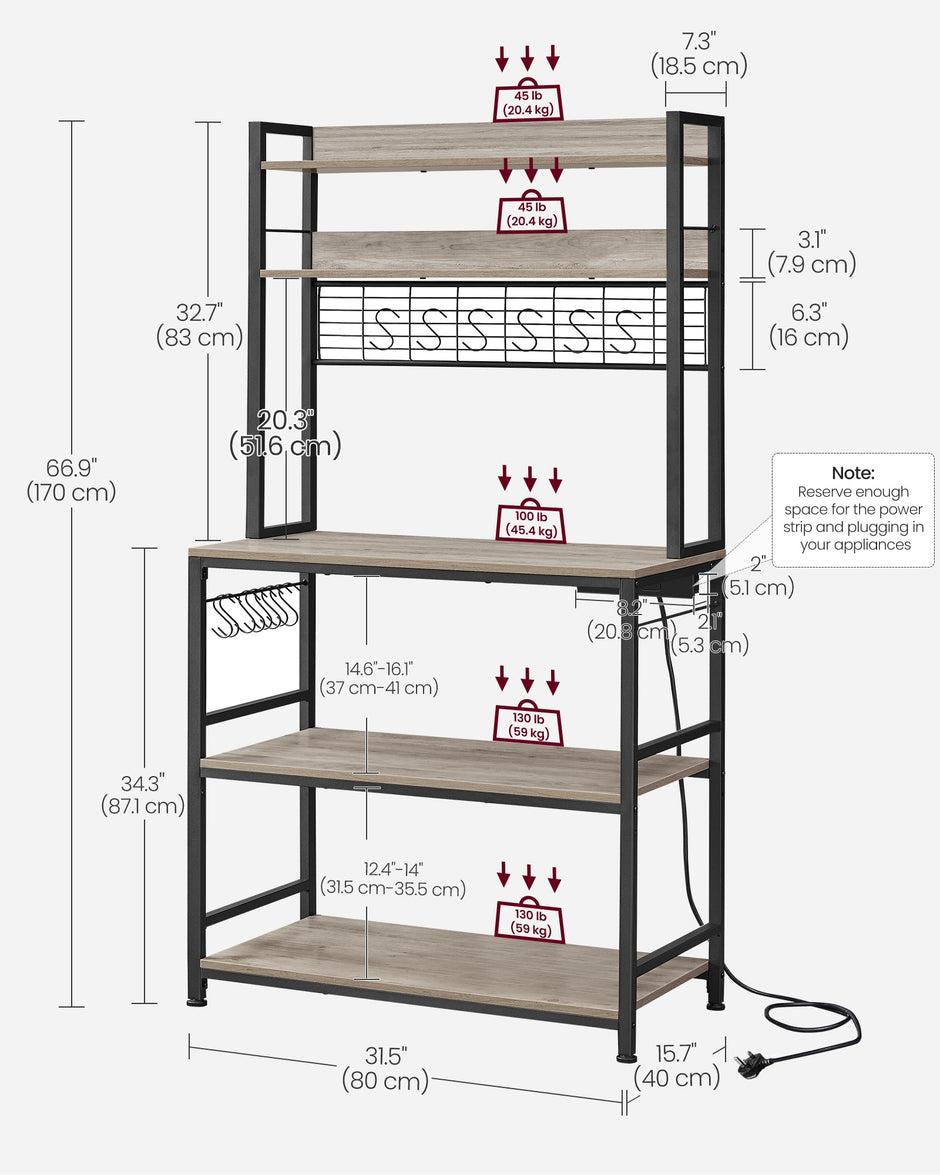 Kitchen Storage Rack – Steel – Greige and Ink Black – with Power Outlet and 14 Hooks