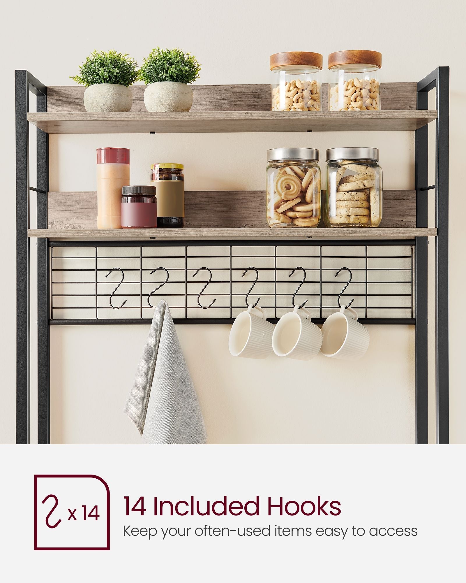 Kitchen Storage Rack – Steel – Greige and Ink Black – with Power Outlet and 14 Hooks