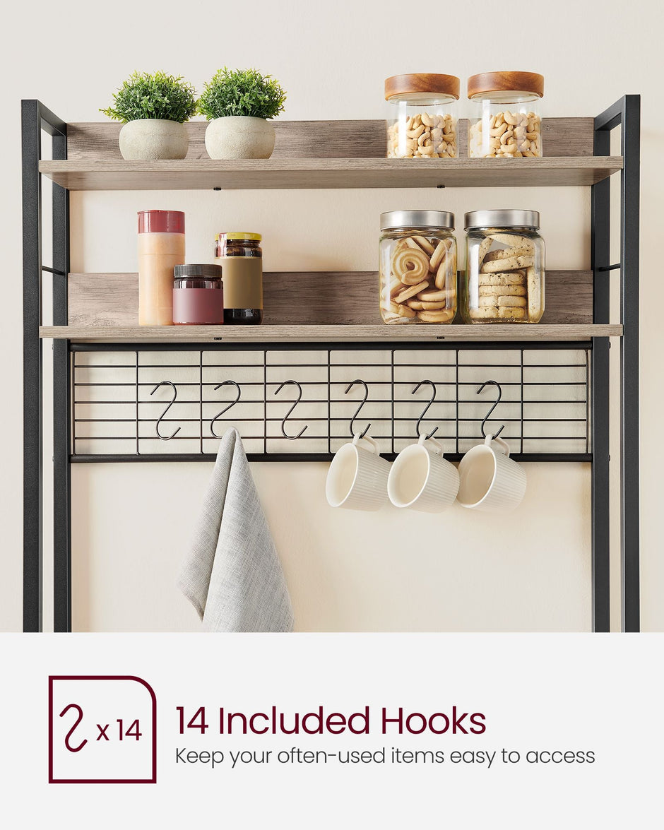 Kitchen Storage Rack – Steel – Greige and Ink Black – with Power Outlet and 14 Hooks