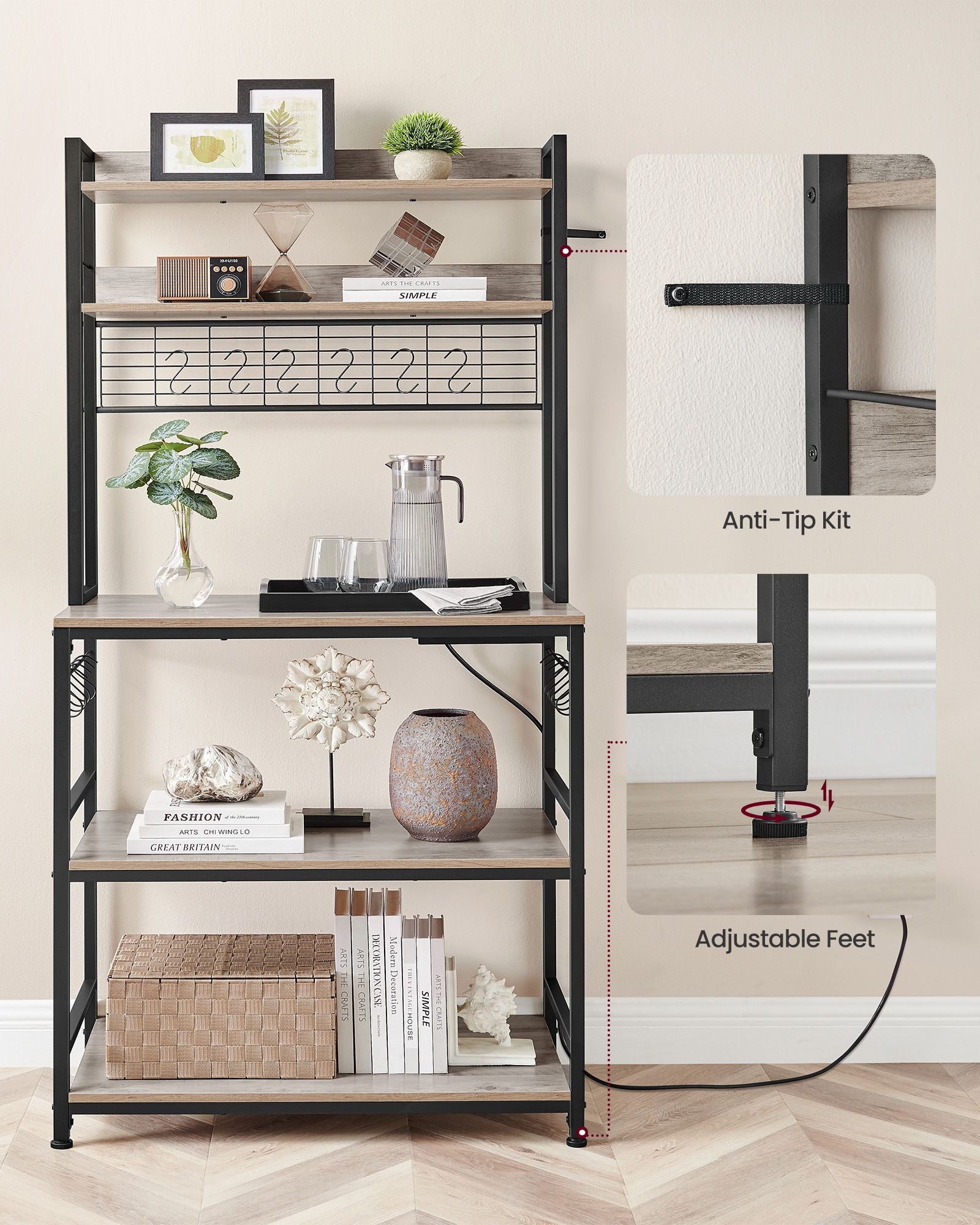 Kitchen Storage Rack – Steel – Greige and Ink Black – with Power Outlet and 14 Hooks