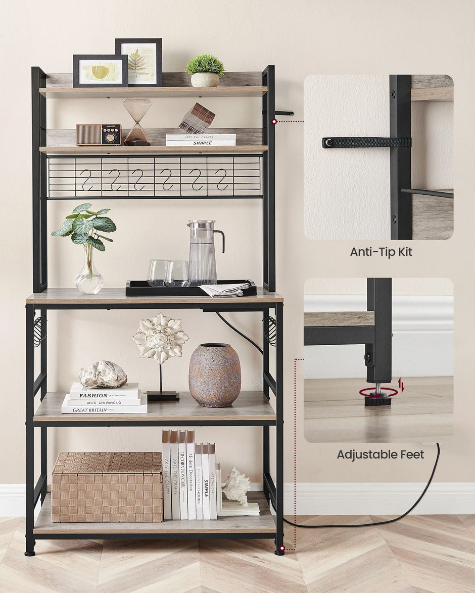 Kitchen Storage Rack – Steel – Greige and Ink Black – with Power Outlet and 14 Hooks