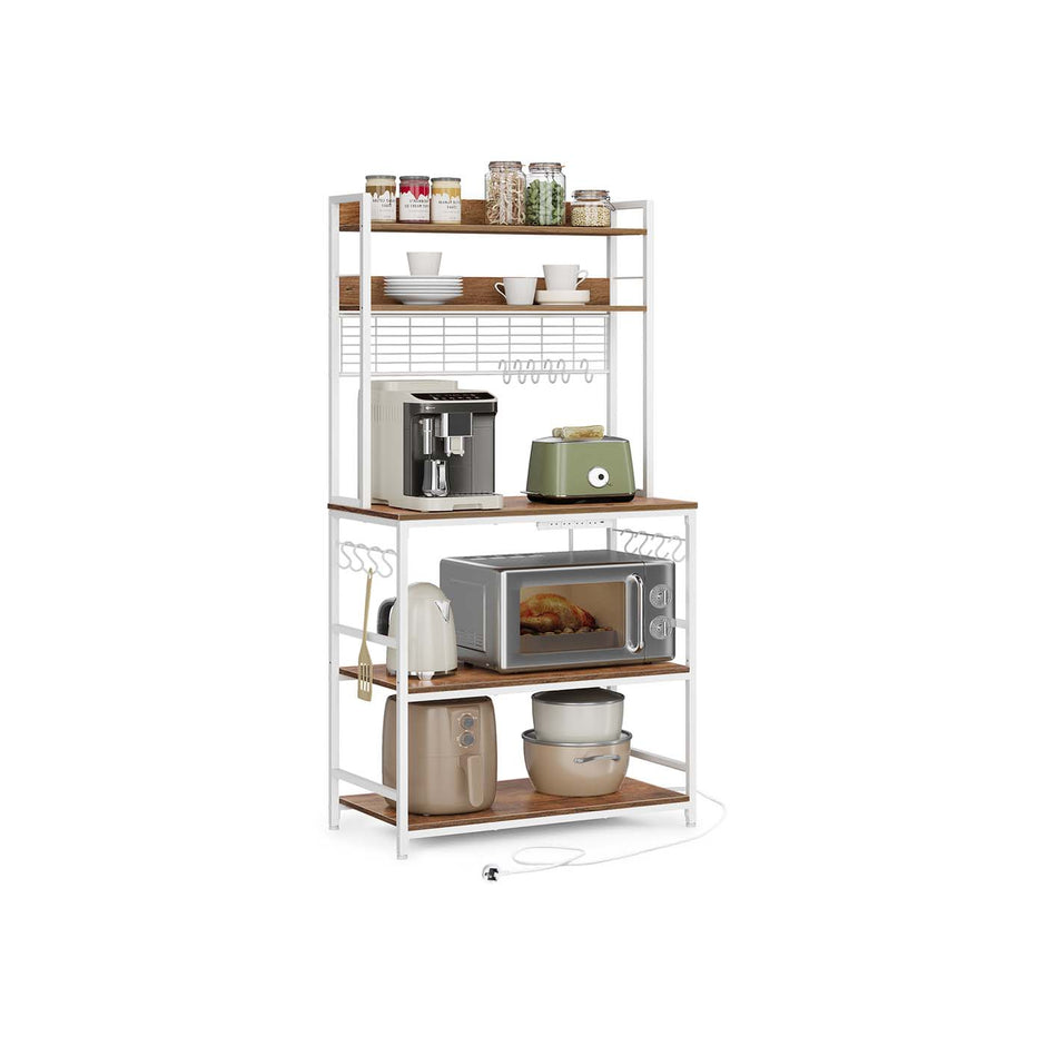 Kitchen Storage Rack – Steel Frame – Rustic Walnut and White – Power Outlet and 14 Hooks