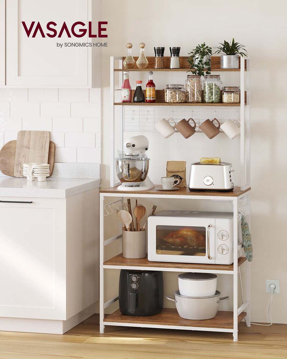 Kitchen Storage Rack – Steel Frame – Rustic Walnut and White – Power Outlet and 14 Hooks