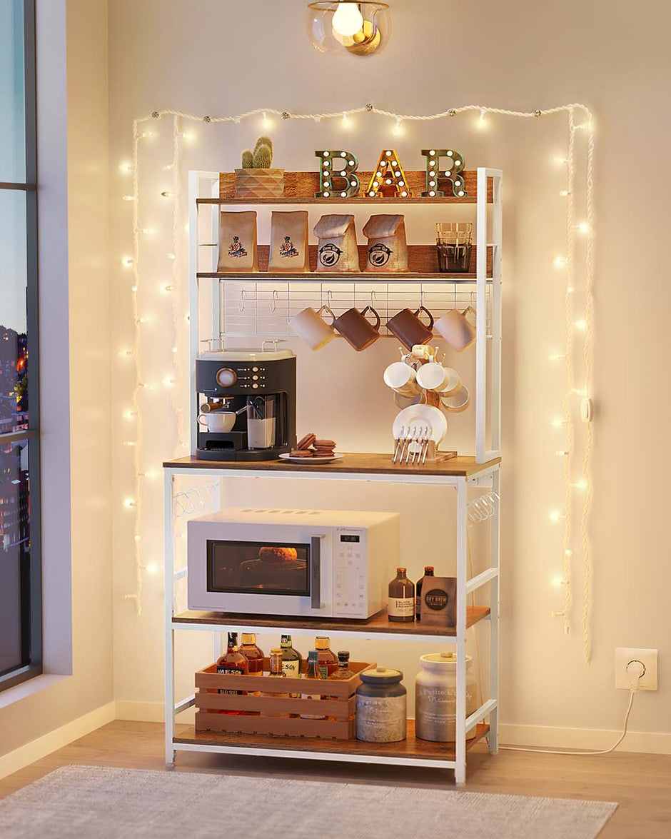 Kitchen Storage Rack – Steel Frame – Rustic Walnut and White – Power Outlet and 14 Hooks