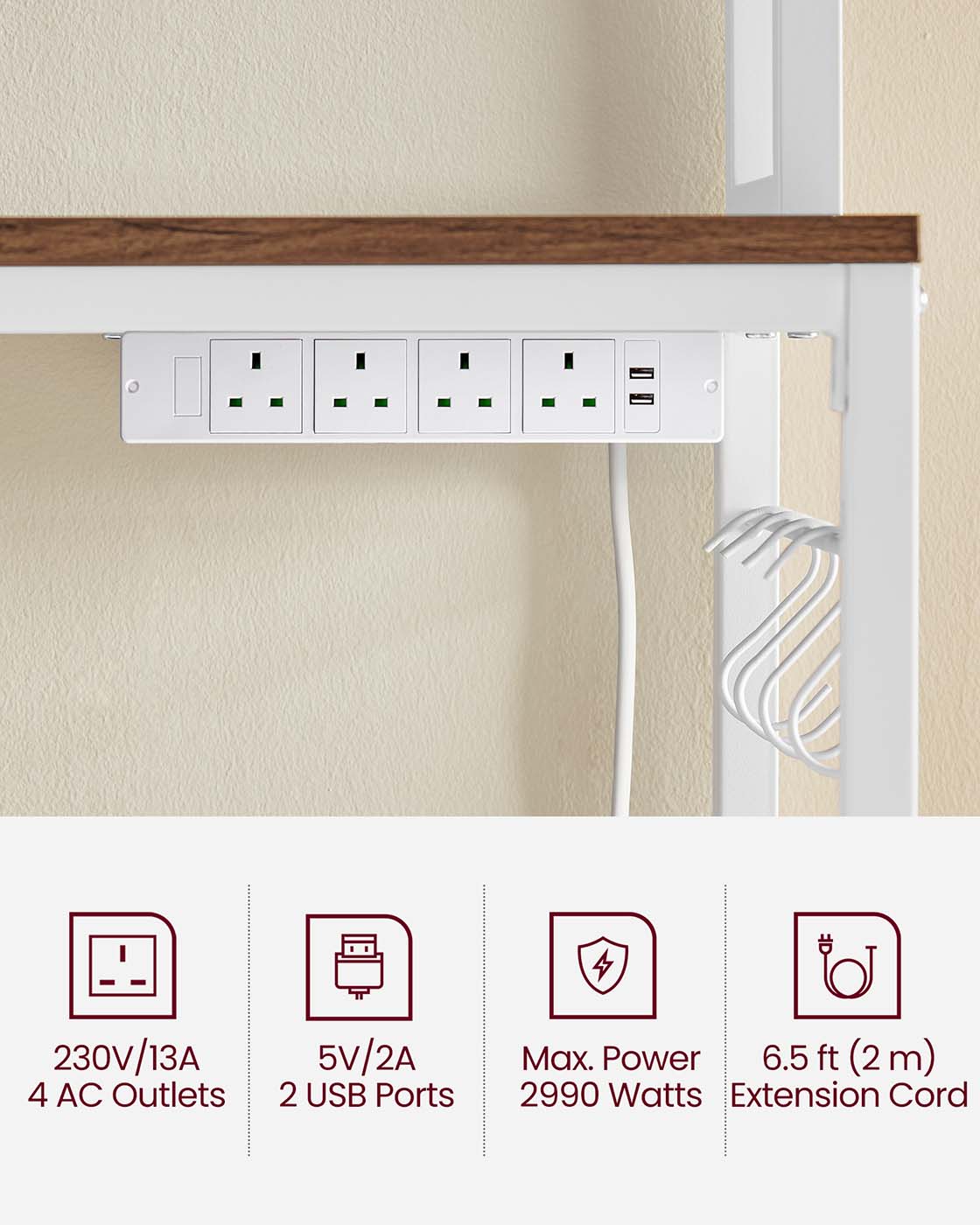 Kitchen Storage Rack – Steel Frame – Rustic Walnut and White – Power Outlet and 14 Hooks