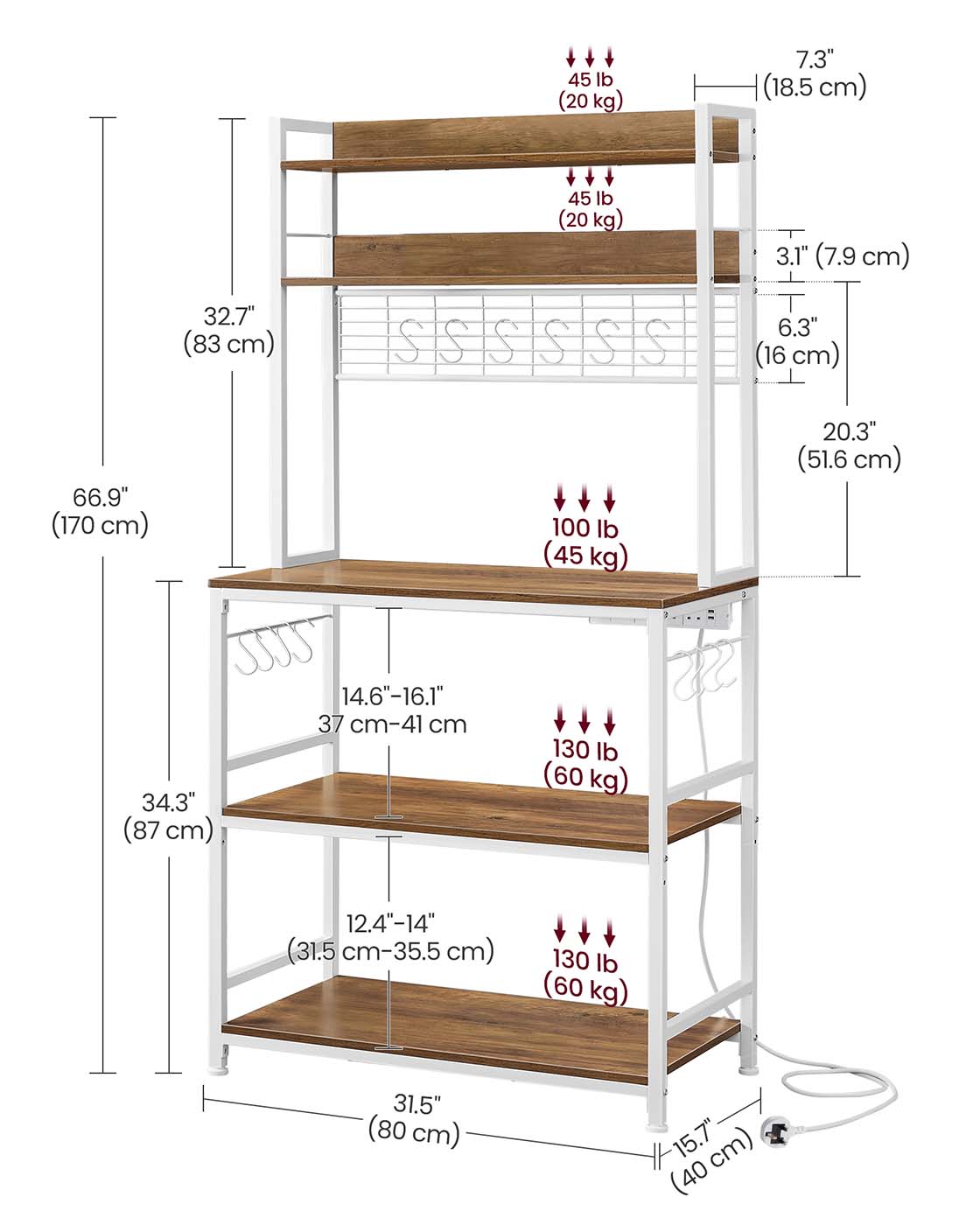 Kitchen Storage Rack – Steel Frame – Rustic Walnut and White – Power Outlet and 14 Hooks
