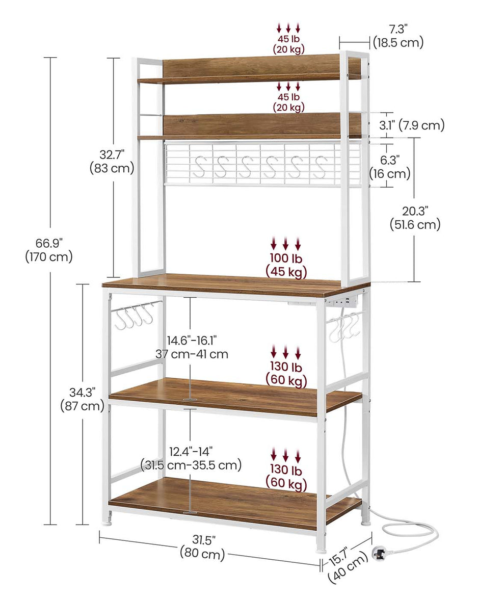 Kitchen Storage Rack – Steel Frame – Rustic Walnut and White – Power Outlet and 14 Hooks