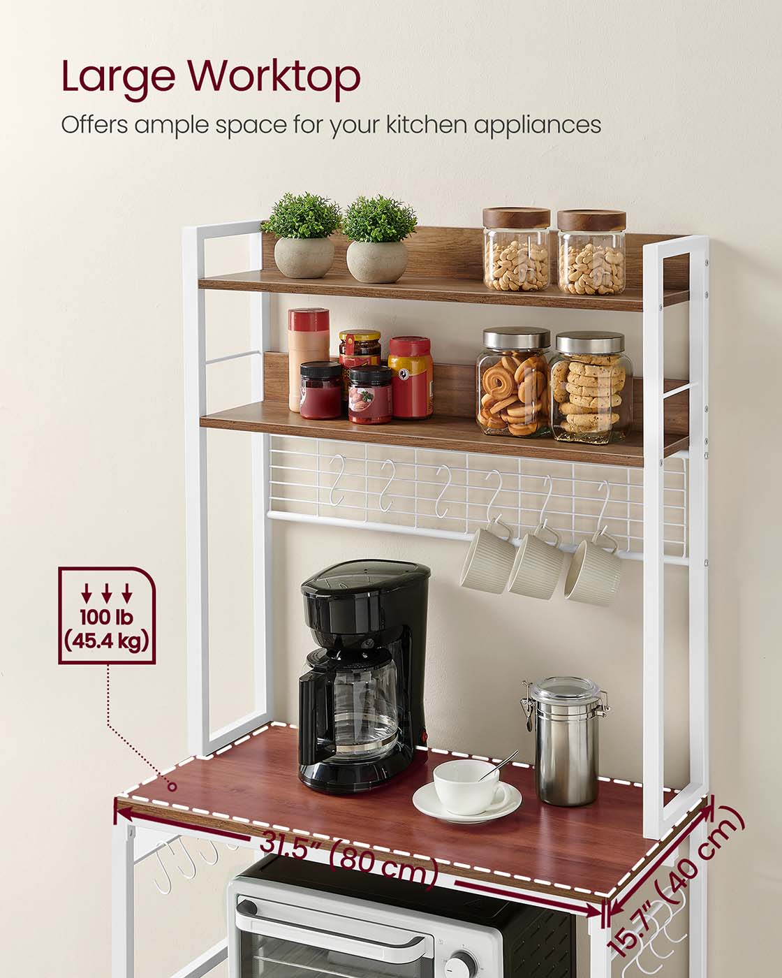 Kitchen Storage Rack – Steel Frame – Rustic Walnut and White – Power Outlet and 14 Hooks