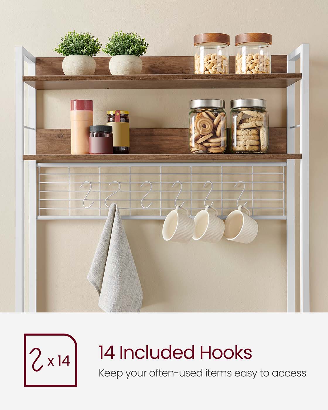 Kitchen Storage Rack – Steel Frame – Rustic Walnut and White – Power Outlet and 14 Hooks