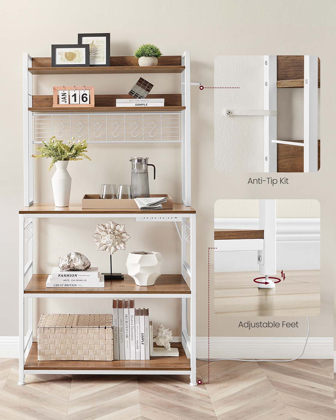 Kitchen Storage Rack – Steel Frame – Rustic Walnut and White – Power Outlet and 14 Hooks
