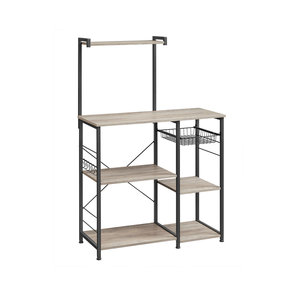 Baker's Rack – Metal and Wood – Greige and Black – Multi-functional Kitchen Storage with Wire Basket and S-Hooks