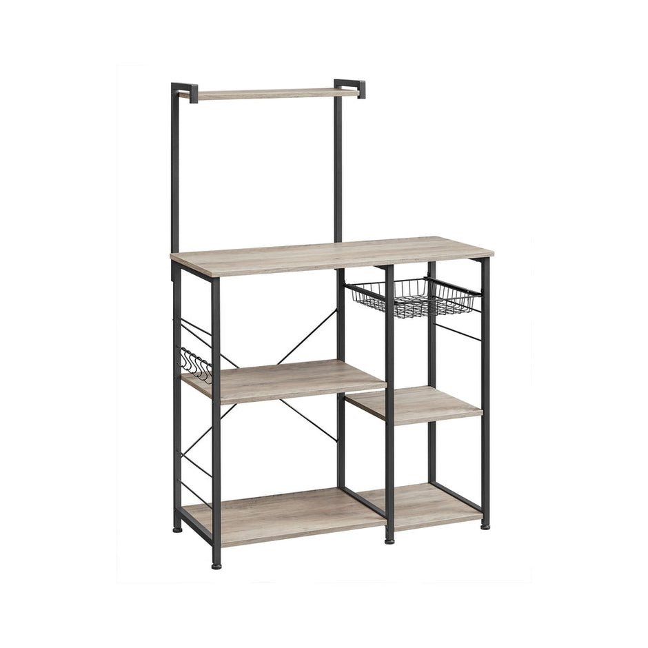Baker's Rack – Metal and Wood – Greige and Black – Multi-functional Kitchen Storage with Wire Basket and S-Hooks