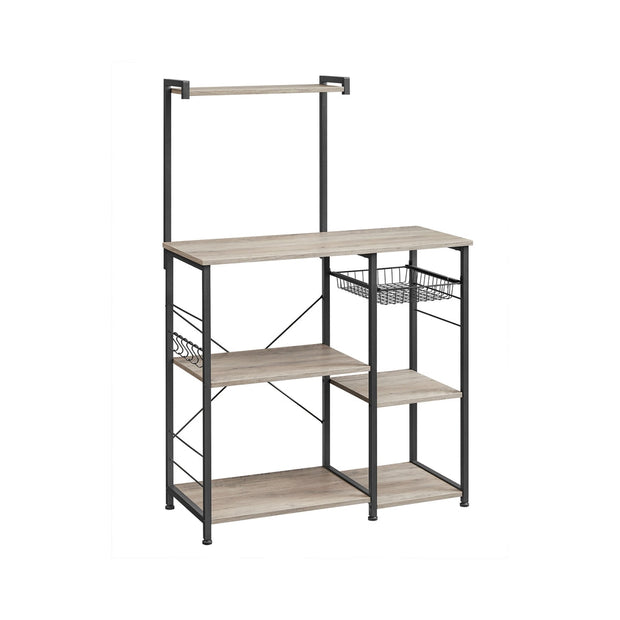 Baker's Rack – Metal and Wood – Greige and Black – Multi-functional Kitchen Storage with Wire Basket and S-Hooks
