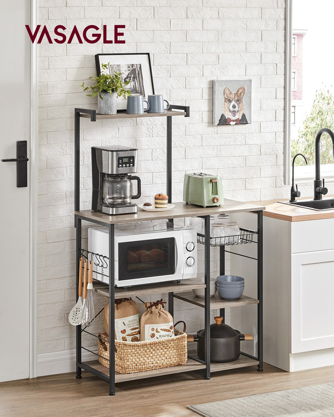 Baker's Rack – Metal and Wood – Greige and Black – Multi-functional Kitchen Storage with Wire Basket and S-Hooks