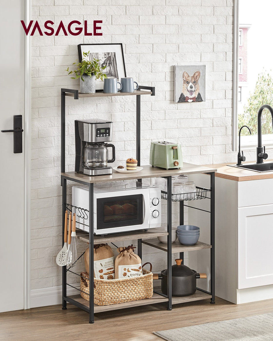 Baker's Rack – Metal and Wood – Greige and Black – Multi-functional Kitchen Storage with Wire Basket and S-Hooks