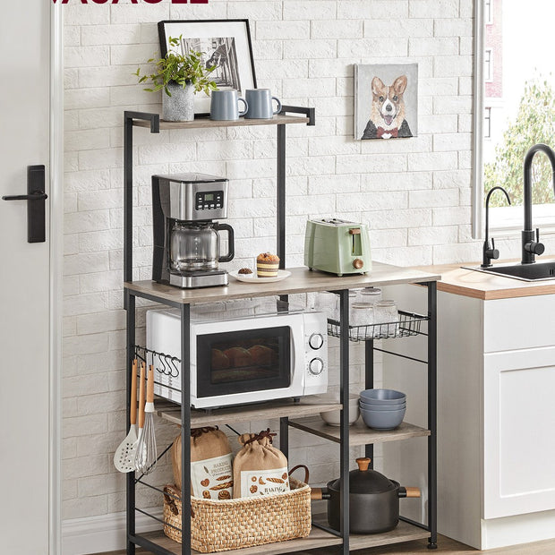 Baker's Rack – Metal and Wood – Greige and Black – Multi-functional Kitchen Storage with Wire Basket and S-Hooks
