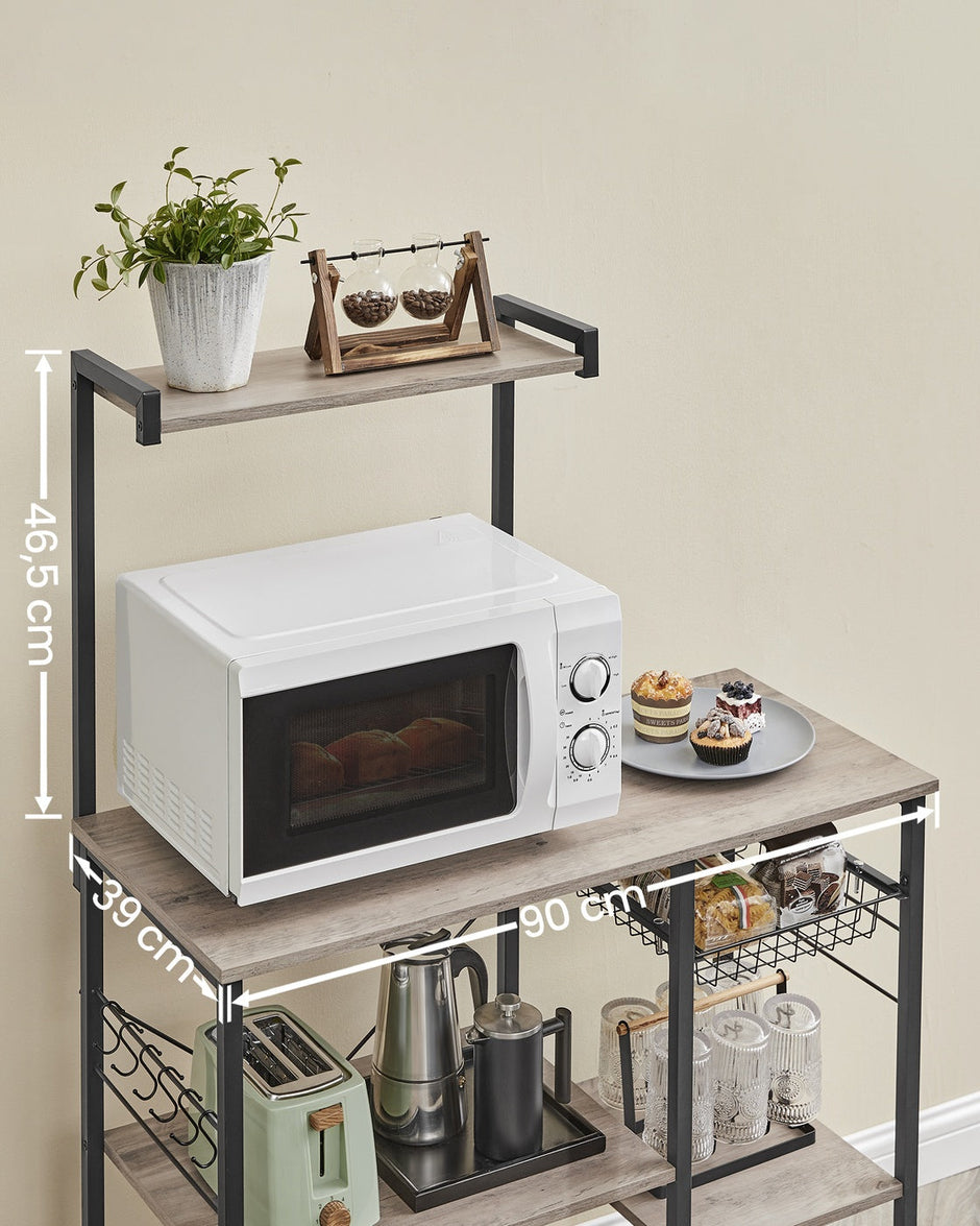 Baker's Rack – Metal and Wood – Greige and Black – Multi-functional Kitchen Storage with Wire Basket and S-Hooks