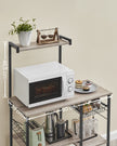 Baker's Rack – Metal and Wood – Greige and Black – Multi-functional Kitchen Storage with Wire Basket and S-Hooks