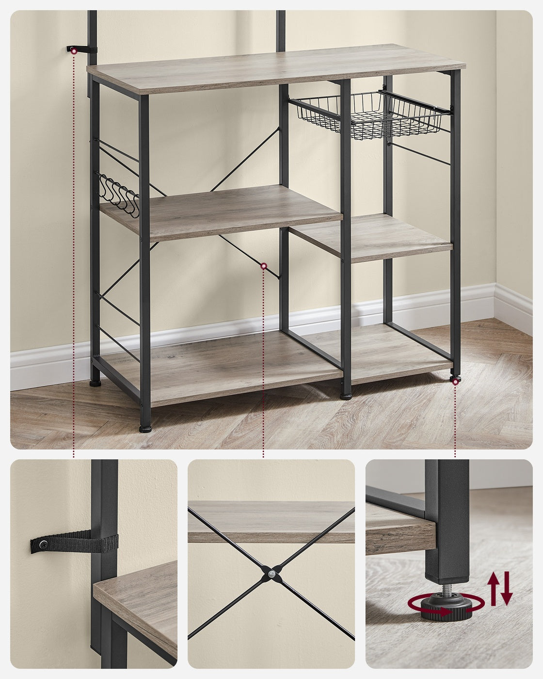 Baker's Rack – Metal and Wood – Greige and Black – Multi-functional Kitchen Storage with Wire Basket and S-Hooks