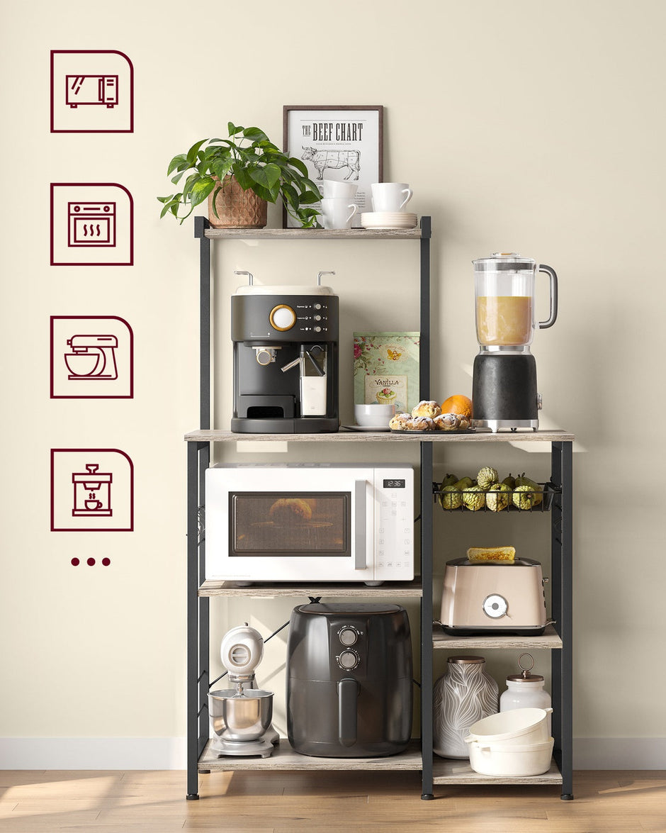Baker's Rack – Metal and Wood – Greige and Black – Multi-functional Kitchen Storage with Wire Basket and S-Hooks