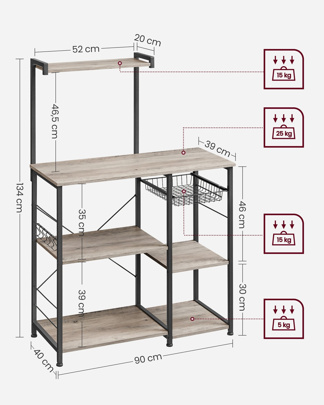 Baker's Rack – Metal and Wood – Greige and Black – Multi-functional Kitchen Storage with Wire Basket and S-Hooks