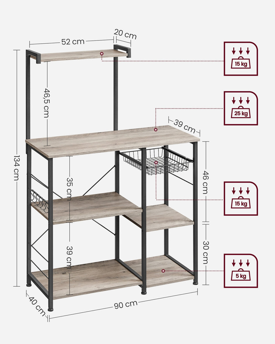 Baker's Rack – Metal and Wood – Greige and Black – Multi-functional Kitchen Storage with Wire Basket and S-Hooks