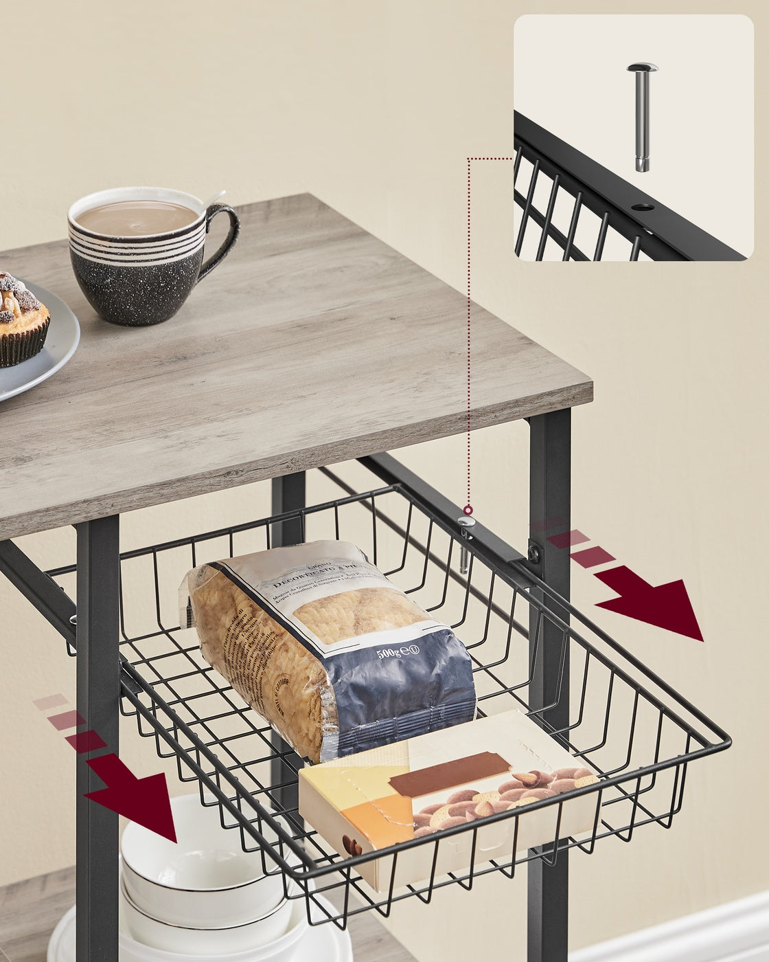 Baker's Rack – Metal and Wood – Greige and Black – Multi-functional Kitchen Storage with Wire Basket and S-Hooks
