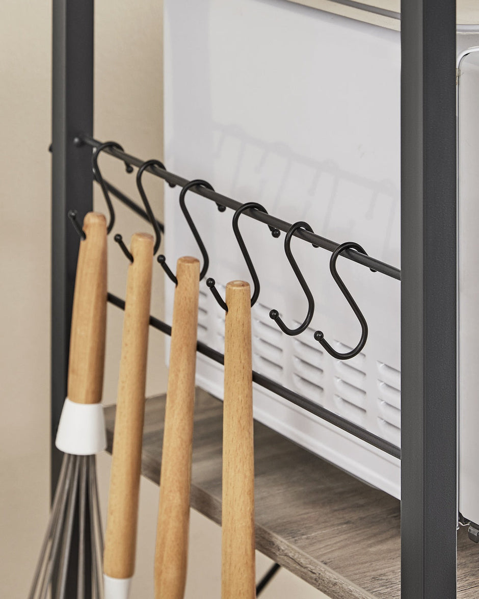 Baker's Rack – Metal and Wood – Greige and Black – Multi-functional Kitchen Storage with Wire Basket and S-Hooks