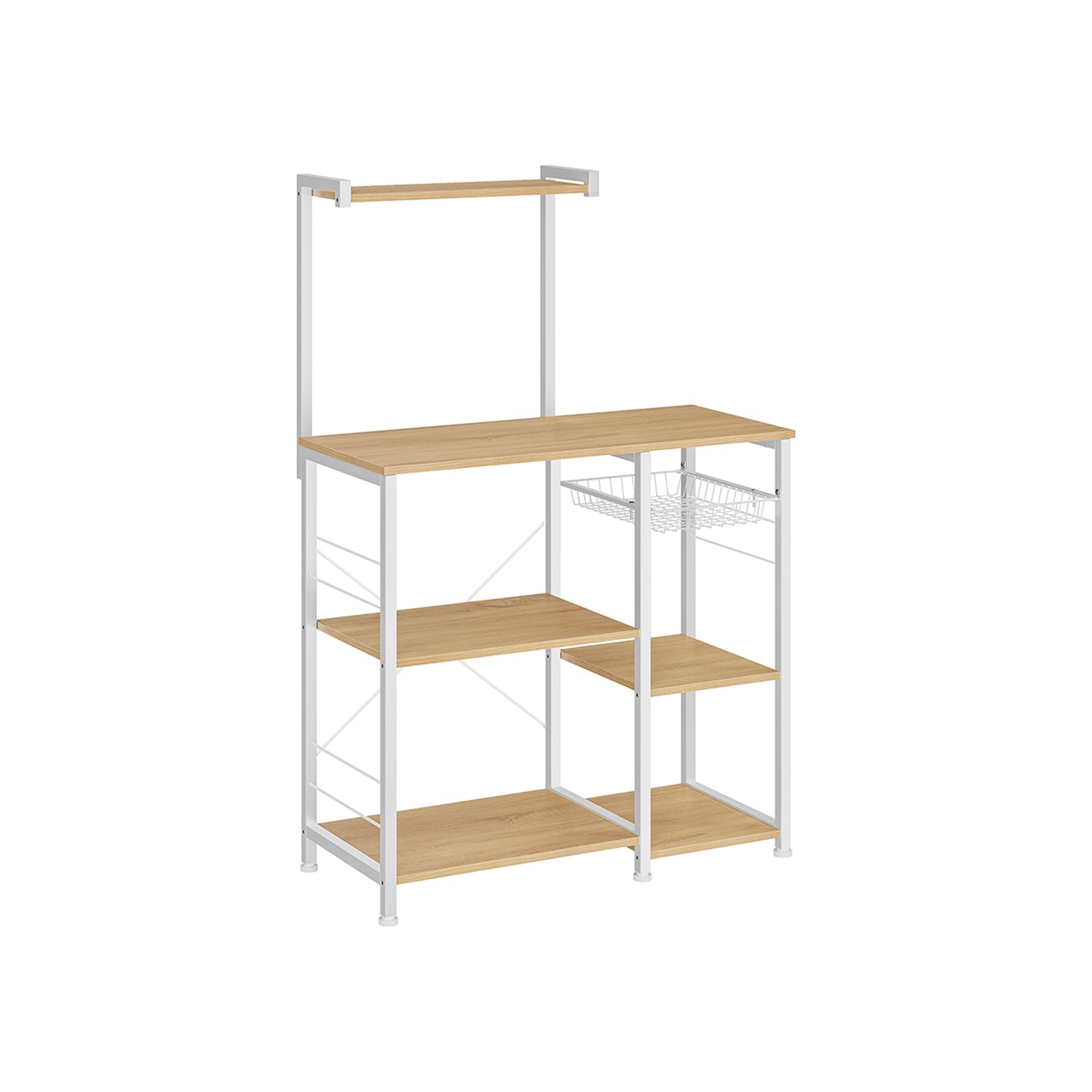 Kitchen Baker's Rack – Metal and Wood – Greige and Black – Includes Wire Basket and 6 S-Hooks