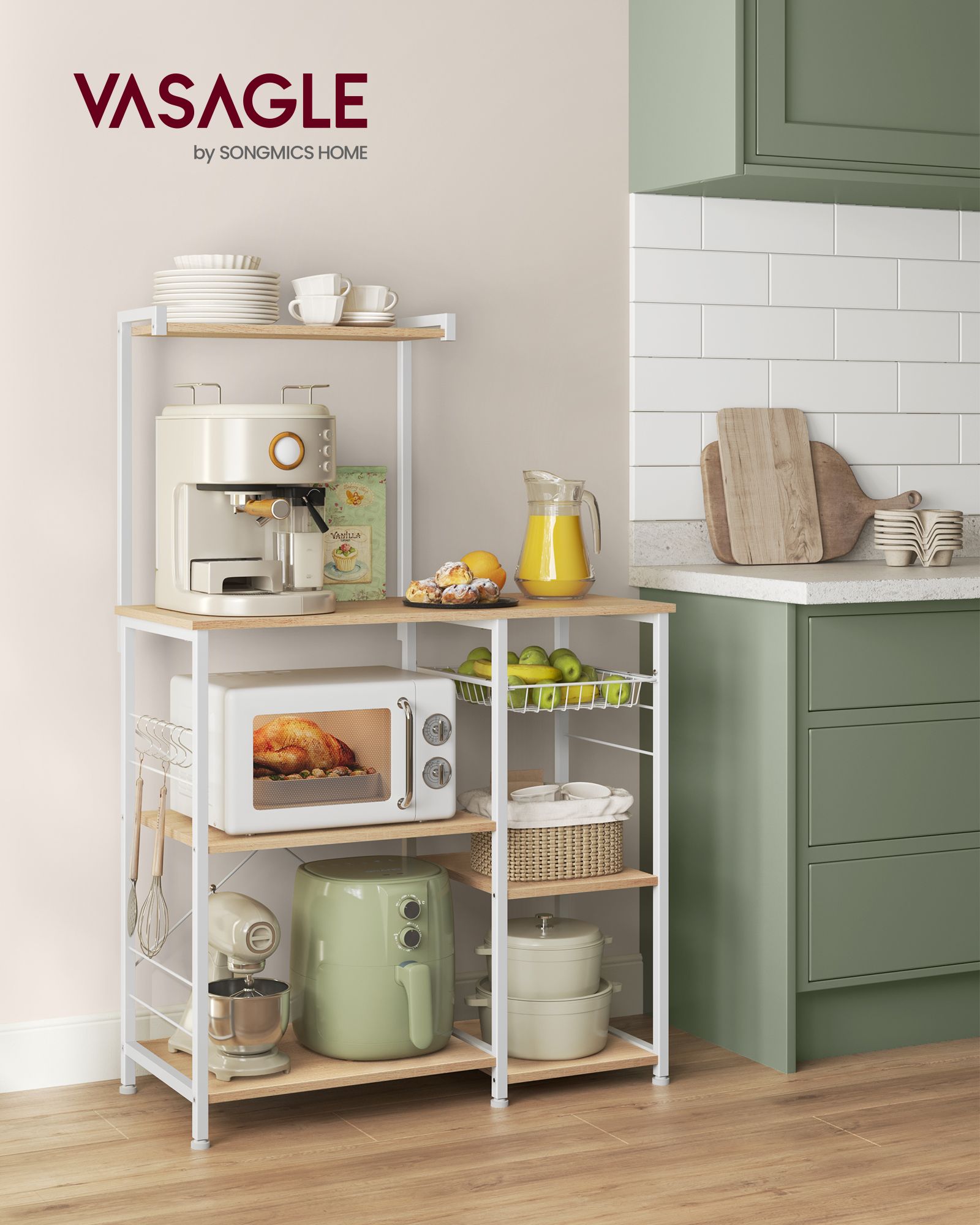 Kitchen Baker's Rack – Metal and Wood – Greige and Black – Includes Wire Basket and 6 S-Hooks