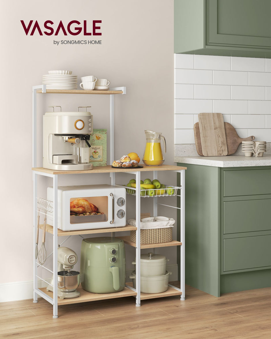 Kitchen Baker's Rack – Metal and Wood – Greige and Black – Includes Wire Basket and 6 S-Hooks