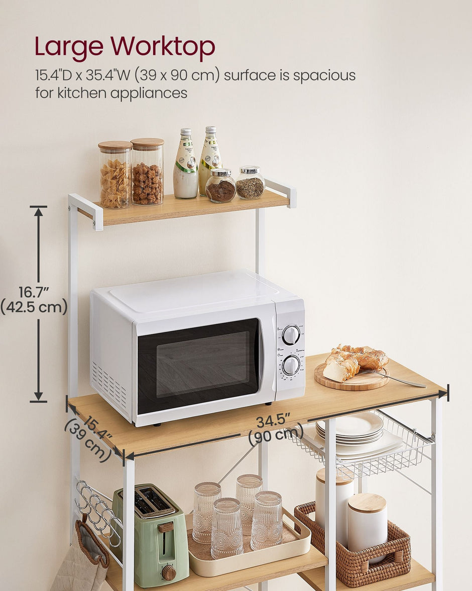 Kitchen Baker's Rack – Metal and Wood – Greige and Black – Includes Wire Basket and 6 S-Hooks