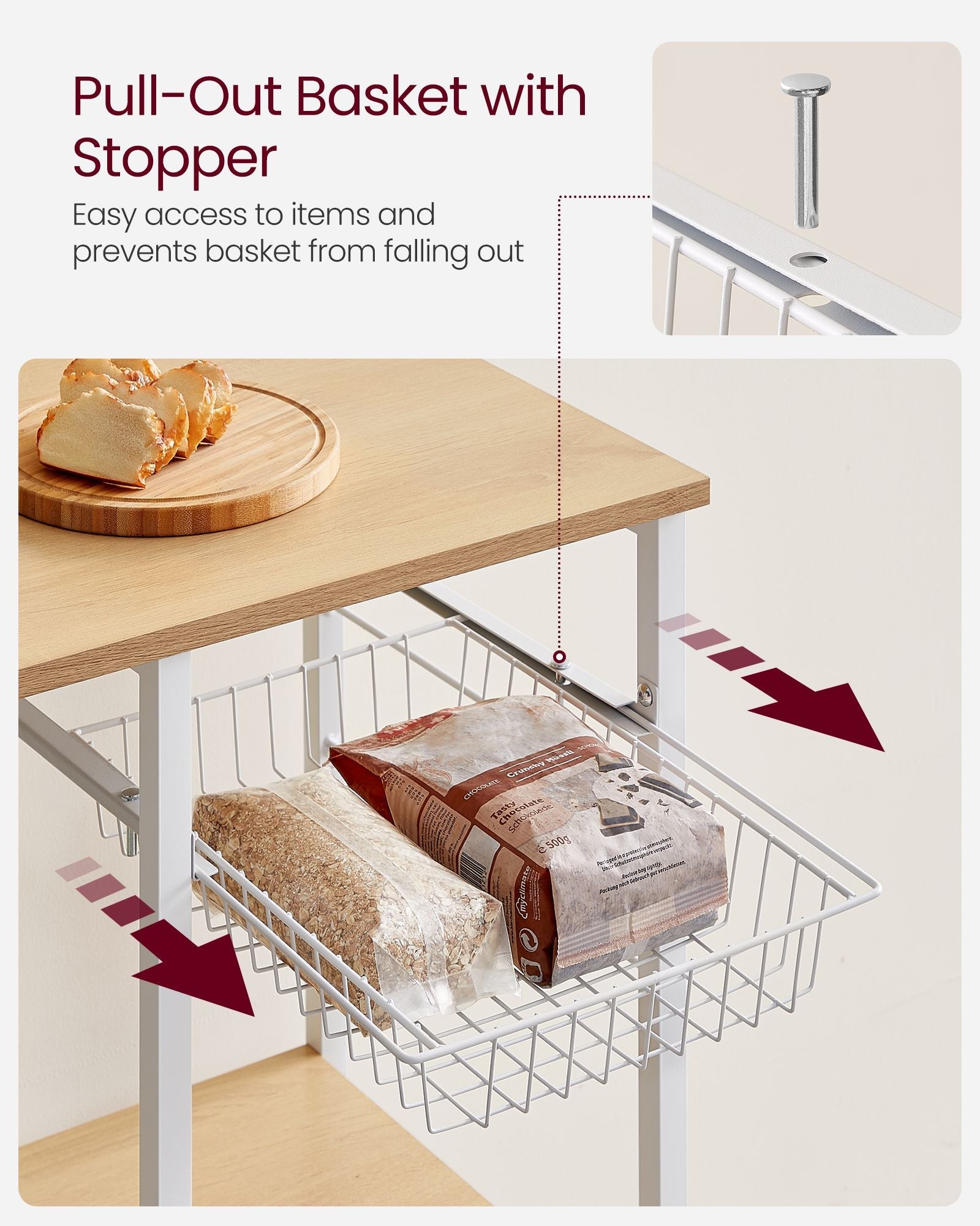 Kitchen Baker's Rack – Metal and Wood – Greige and Black – Includes Wire Basket and 6 S-Hooks