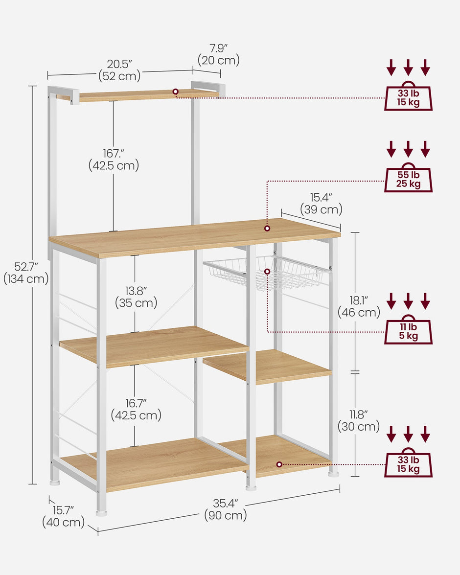 Kitchen Baker's Rack – Metal and Wood – Greige and Black – Includes Wire Basket and 6 S-Hooks