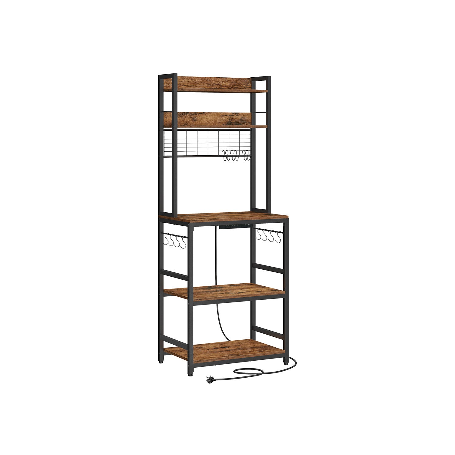 Kitchen Storage Rack – Steel – Rustic Brown and Ink Black – Features Power Outlet and Hooks