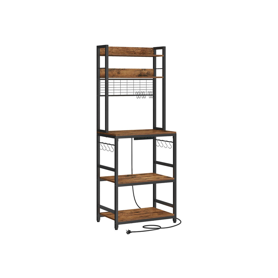 Kitchen Storage Rack – Steel – Rustic Brown and Ink Black – Features Power Outlet and Hooks