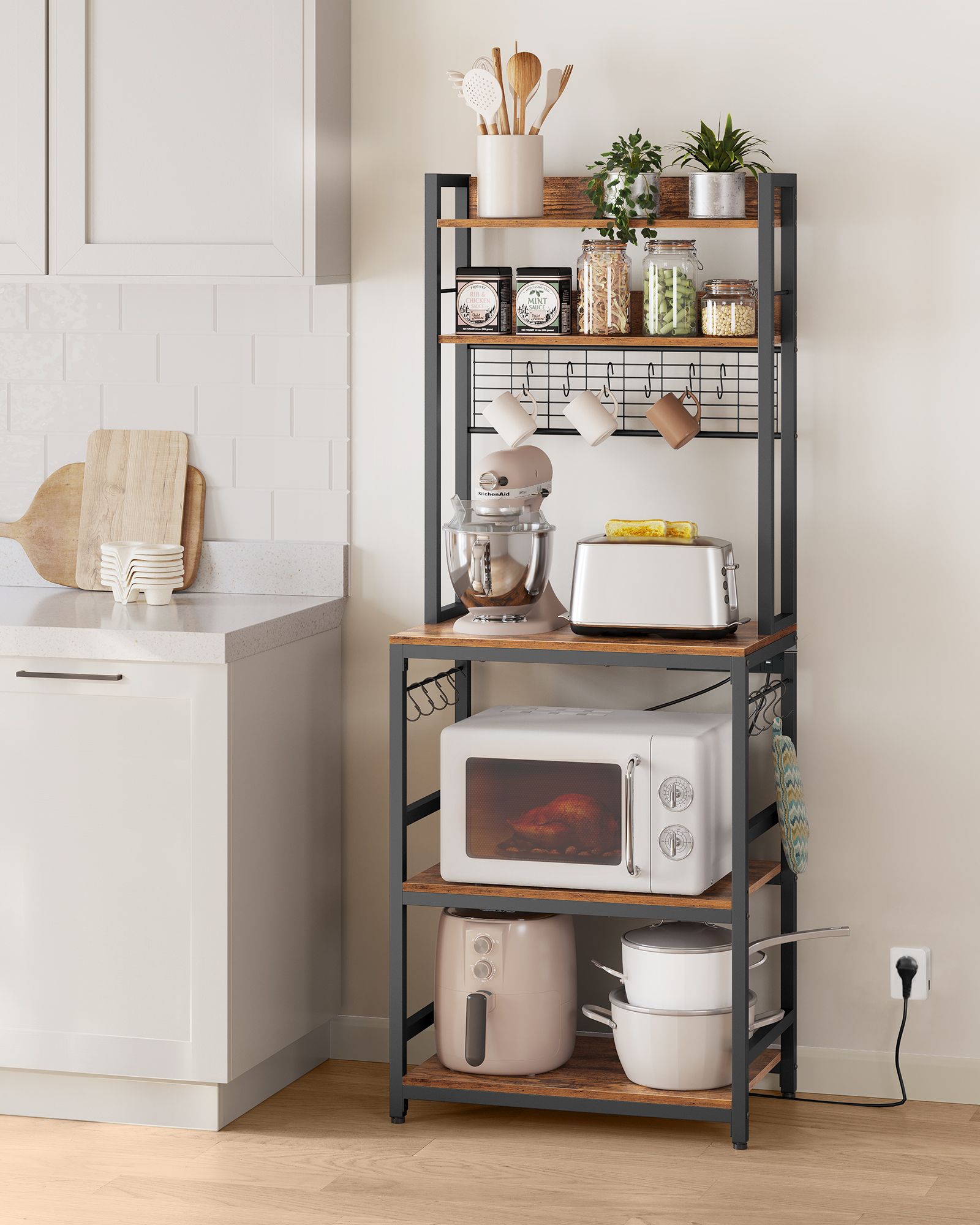 Kitchen Storage Rack – Steel – Rustic Brown and Ink Black – Features Power Outlet and Hooks