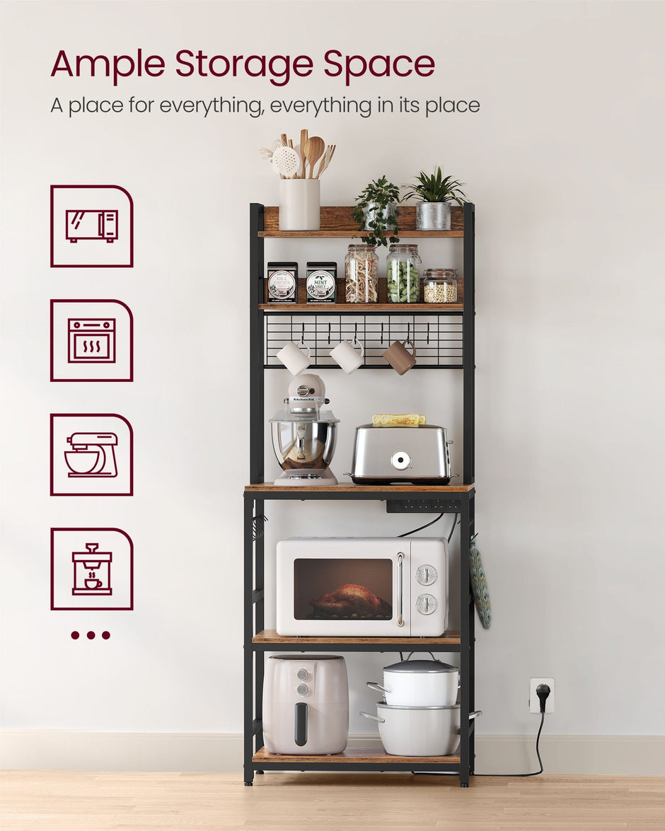 Kitchen Storage Rack – Steel – Rustic Brown and Ink Black – Features Power Outlet and Hooks