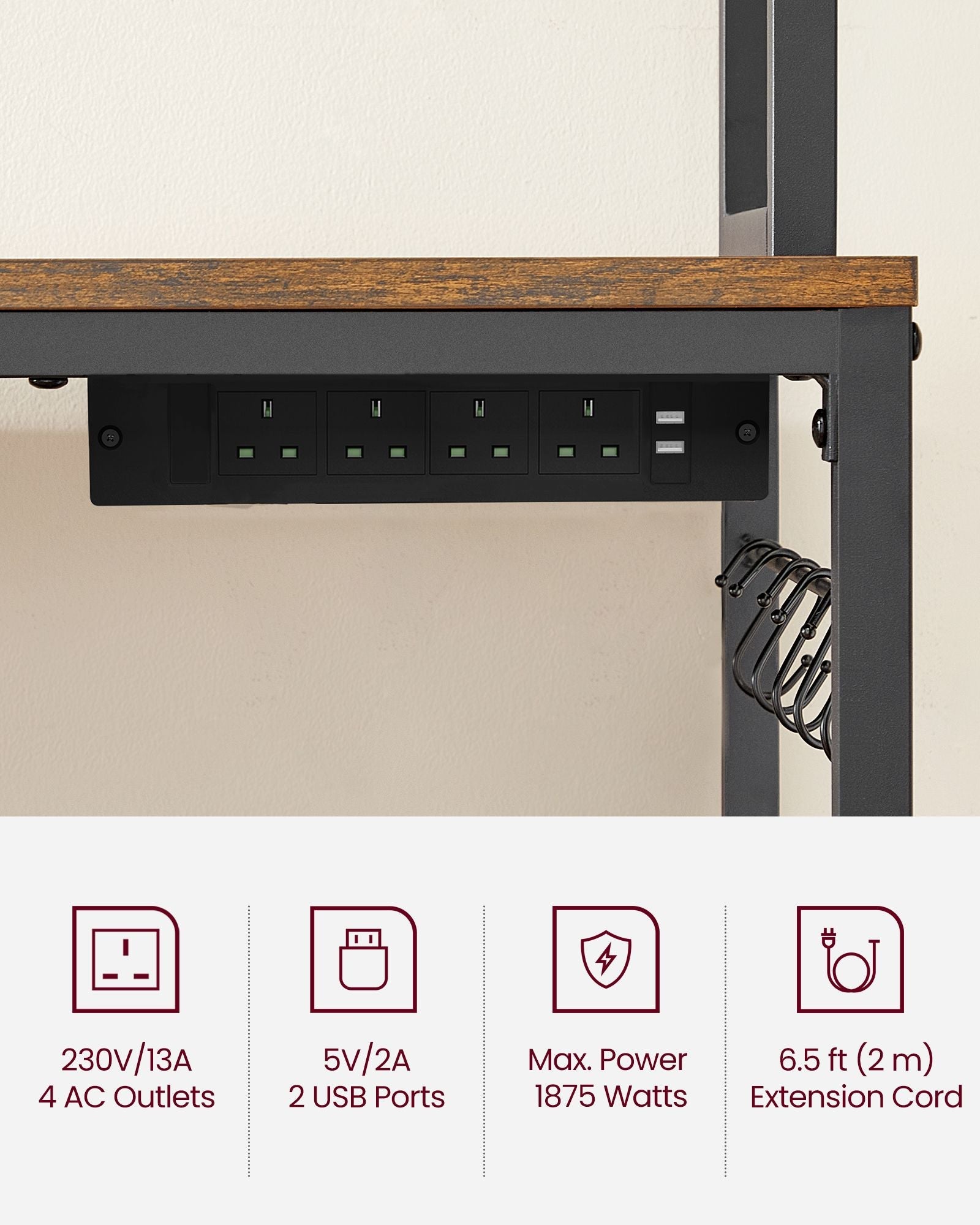 Kitchen Storage Rack – Steel – Rustic Brown and Ink Black – Features Power Outlet and Hooks