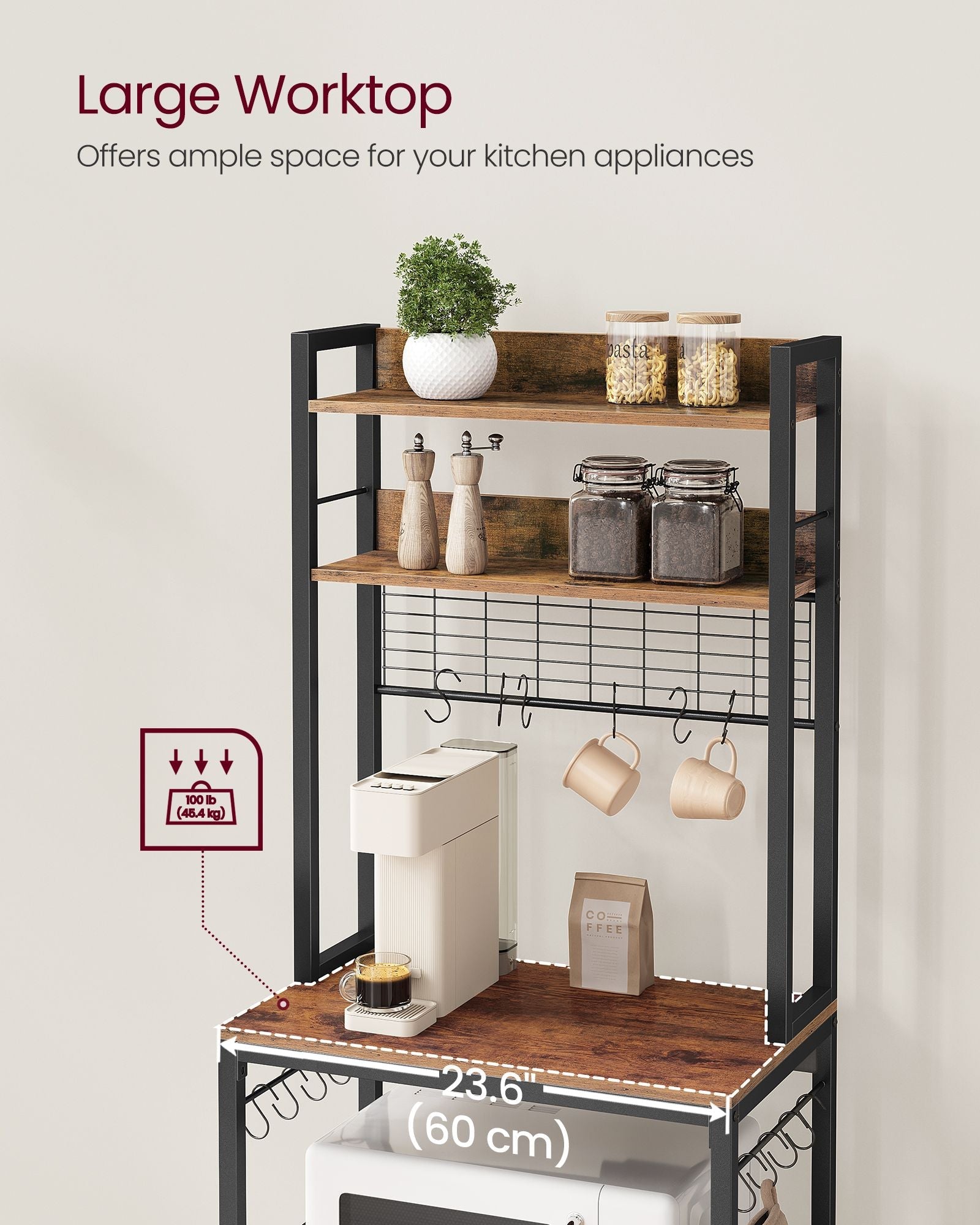 Kitchen Storage Rack – Steel – Rustic Brown and Ink Black – Features Power Outlet and Hooks