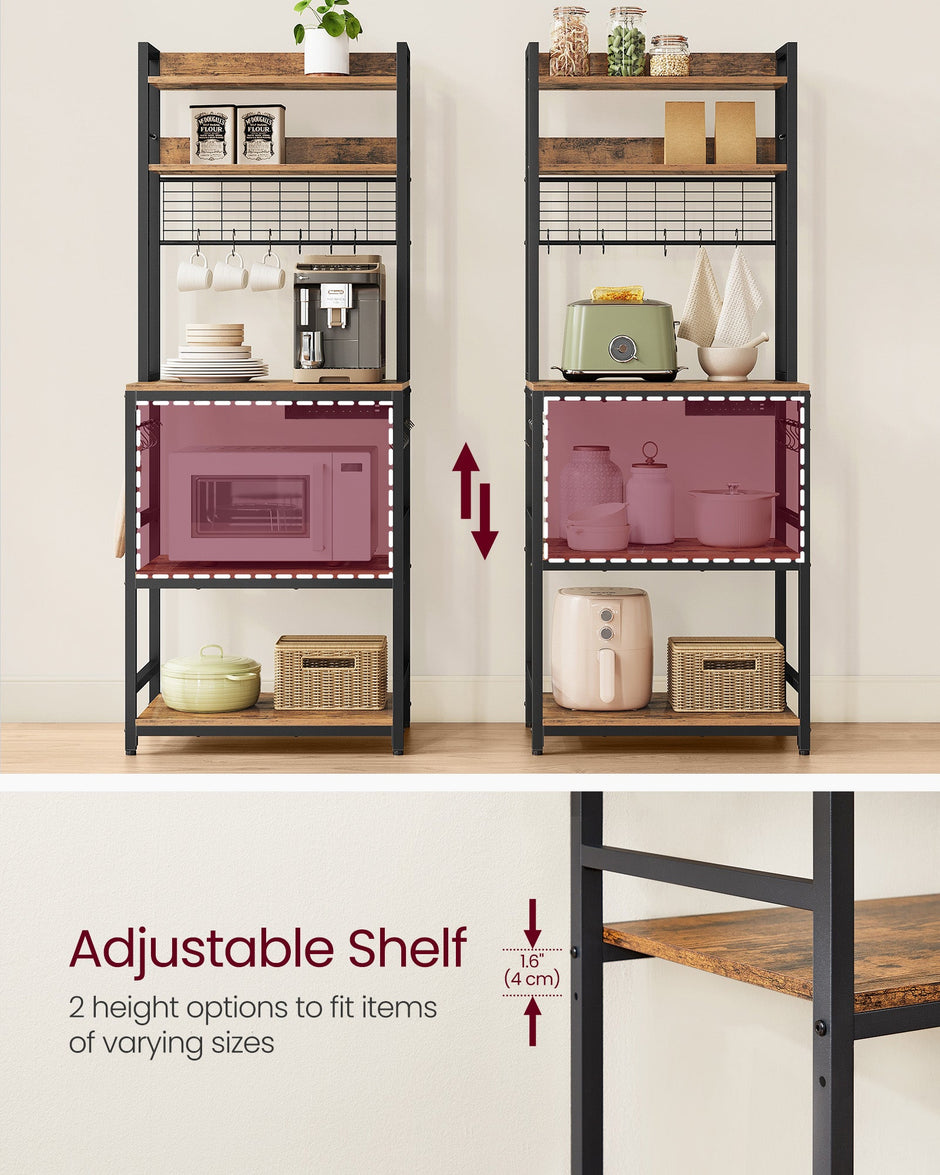 Kitchen Storage Rack – Steel – Rustic Brown and Ink Black – Features Power Outlet and Hooks