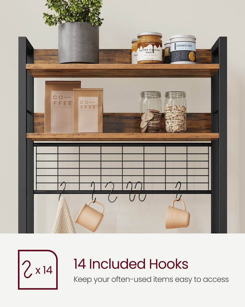 Kitchen Storage Rack – Steel – Rustic Brown and Ink Black – Features Power Outlet and Hooks
