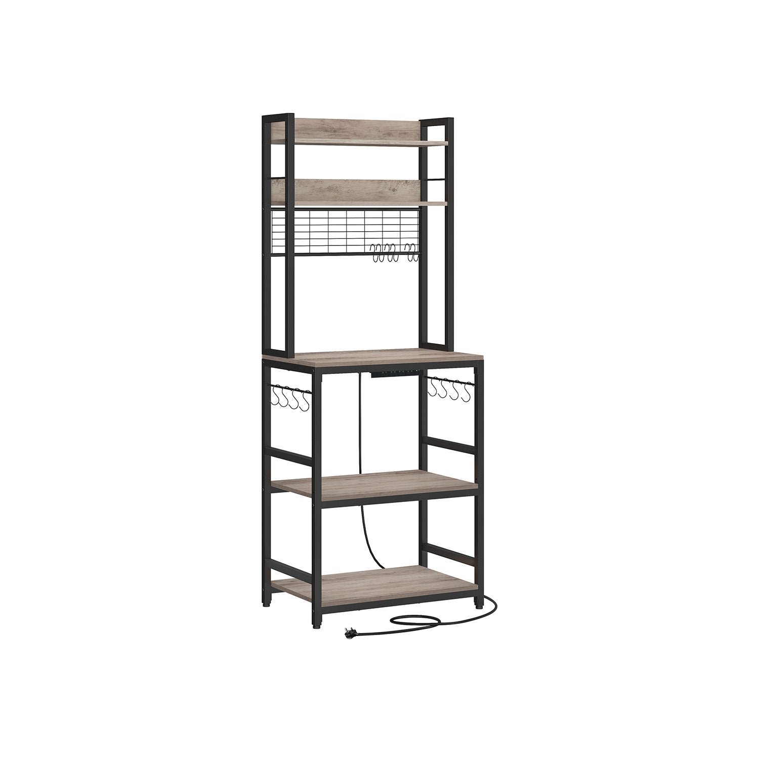 Kitchen Storage Rack – Steel – Rustic Brown and Ink Black – Features Power Outlet and Hooks