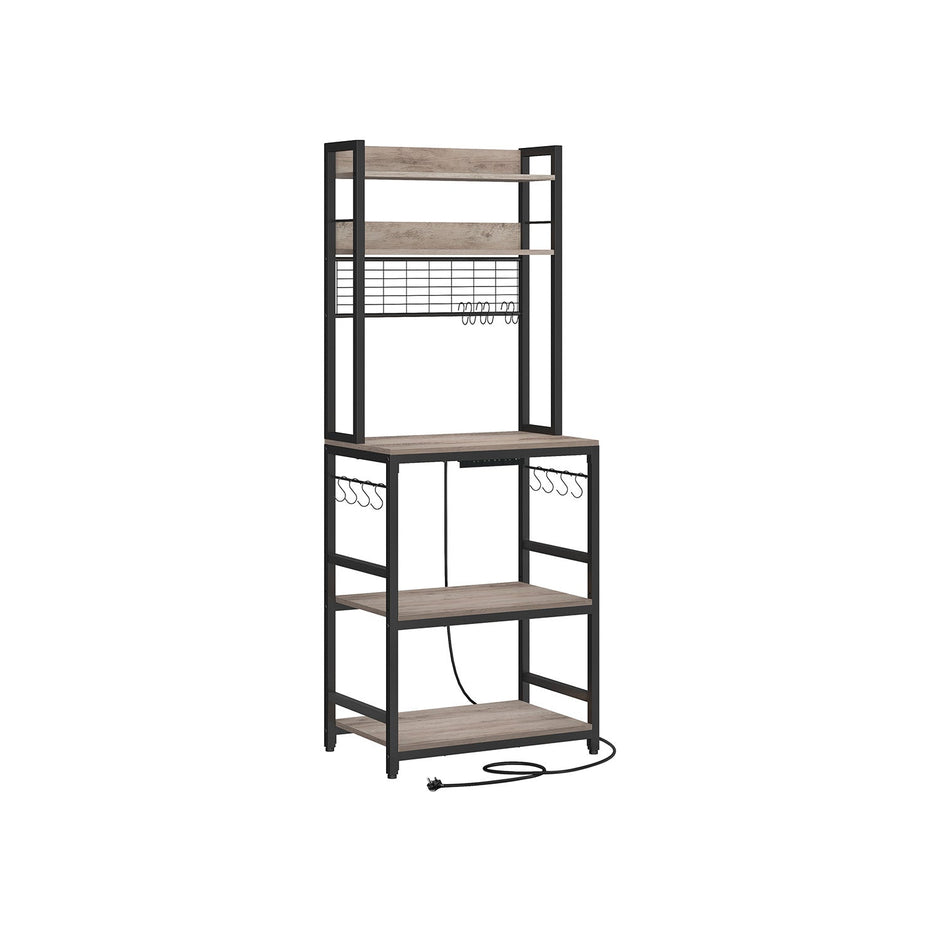 Kitchen Storage Rack – Steel – Rustic Brown and Ink Black – Features Power Outlet and Hooks